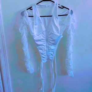 Long Sleeve Off Shoulder White Zip Up Shirt